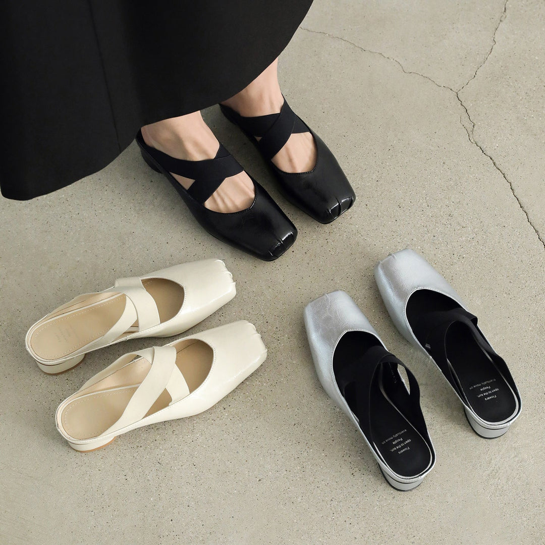 Handmade Sheepskin Cross Strap Mules - Women's Square Toe Mary Jane Block Heels