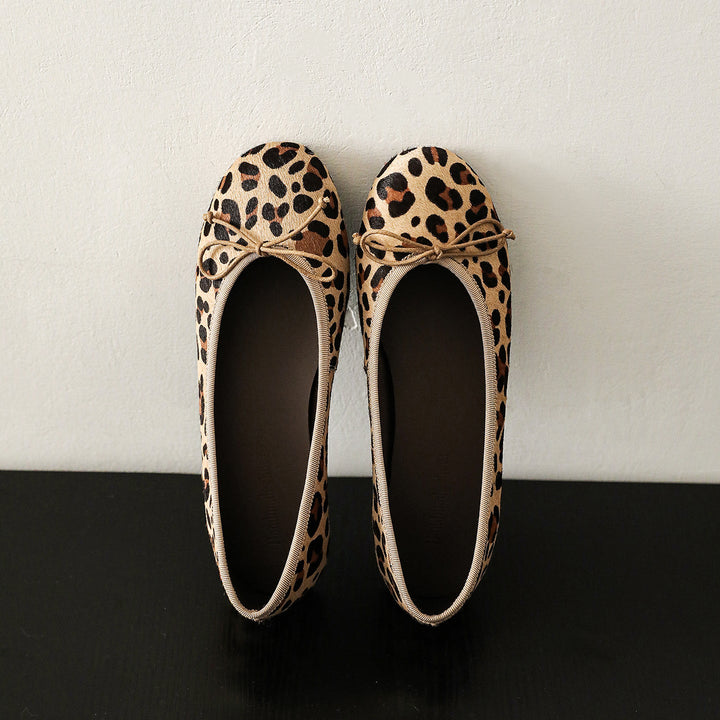 Women's Horsehair Leopard Polka Dot Ballet Flats Vintage Round Toe Bowknot Slip-on Flat Shoes