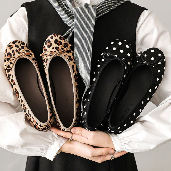 Women's Horsehair Leopard Polka Dot Ballet Flats Vintage Round Toe Bowknot Slip-on Flat Shoes