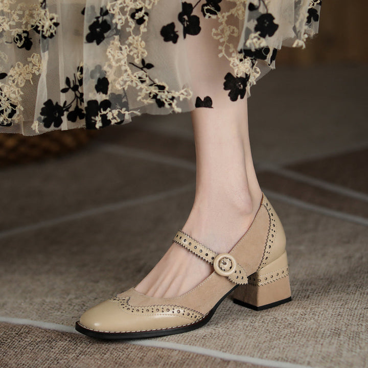 Women's Handmade Leather Square Toe Brogue Mary Jane High Heels