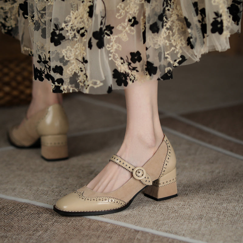 Women's Handmade Leather Square Toe Brogue Mary Jane High Heels