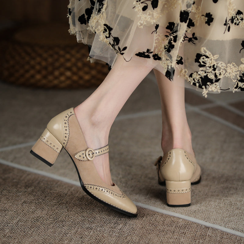 Women's Handmade Leather Square Toe Brogue Mary Jane High Heels