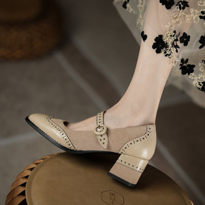 Women's Handmade Leather Square Toe Brogue Mary Jane High Heels