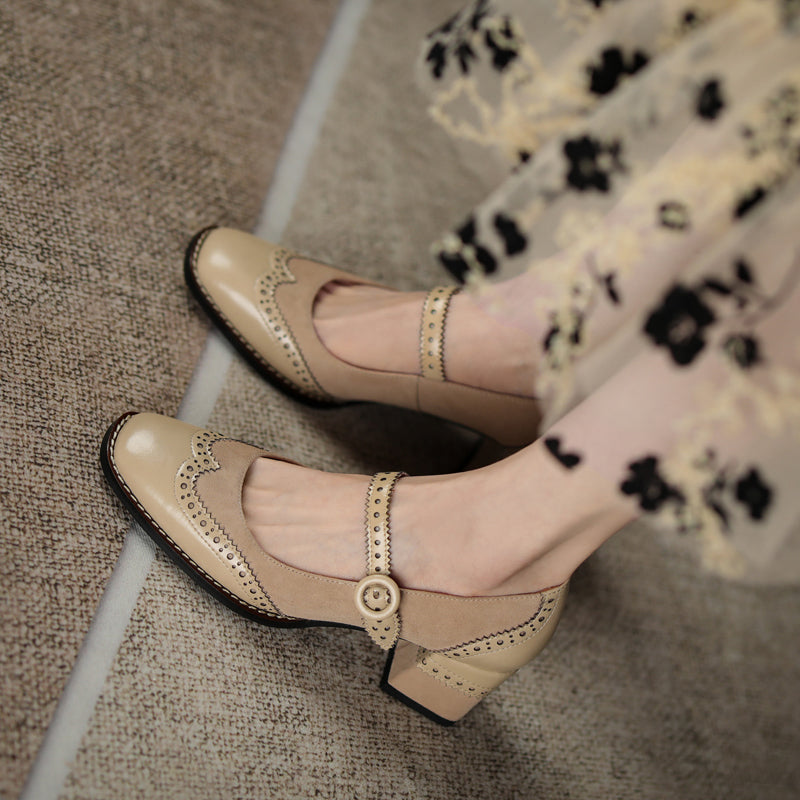 Women's Handmade Leather Square Toe Brogue Mary Jane High Heels