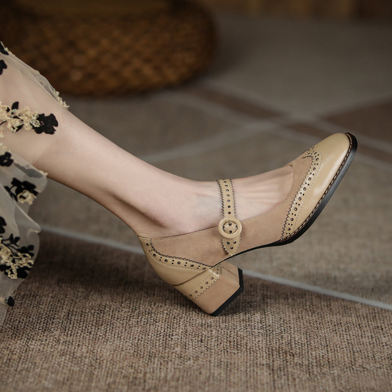 Women's Handmade Leather Square Toe Brogue Mary Jane High Heels