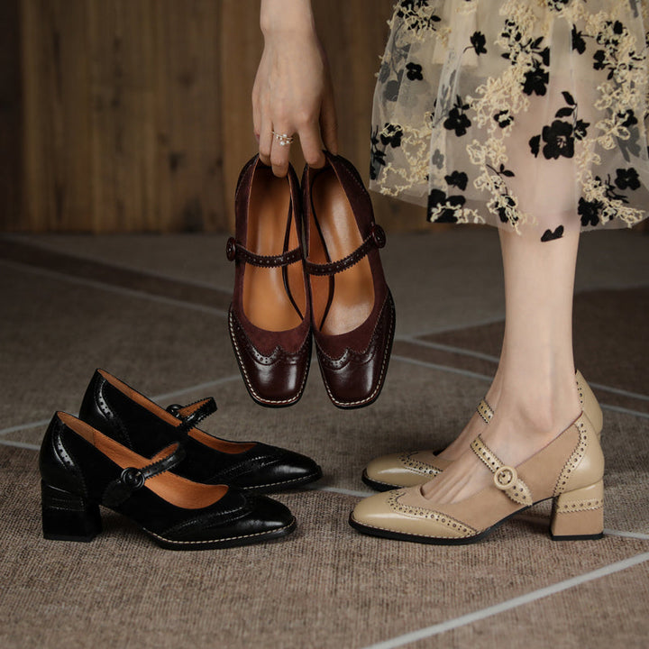 Women's Handmade Leather Square Toe Brogue Mary Jane High Heels