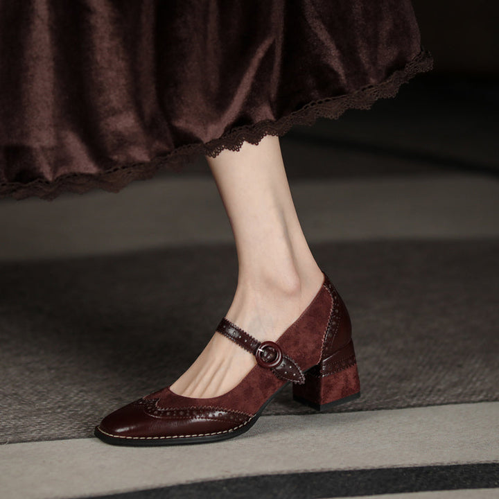 Women's Handmade Leather Square Toe Brogue Mary Jane High Heels