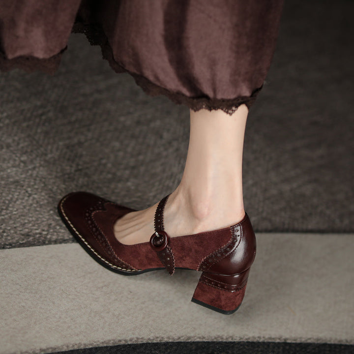 Women's Handmade Leather Square Toe Brogue Mary Jane High Heels