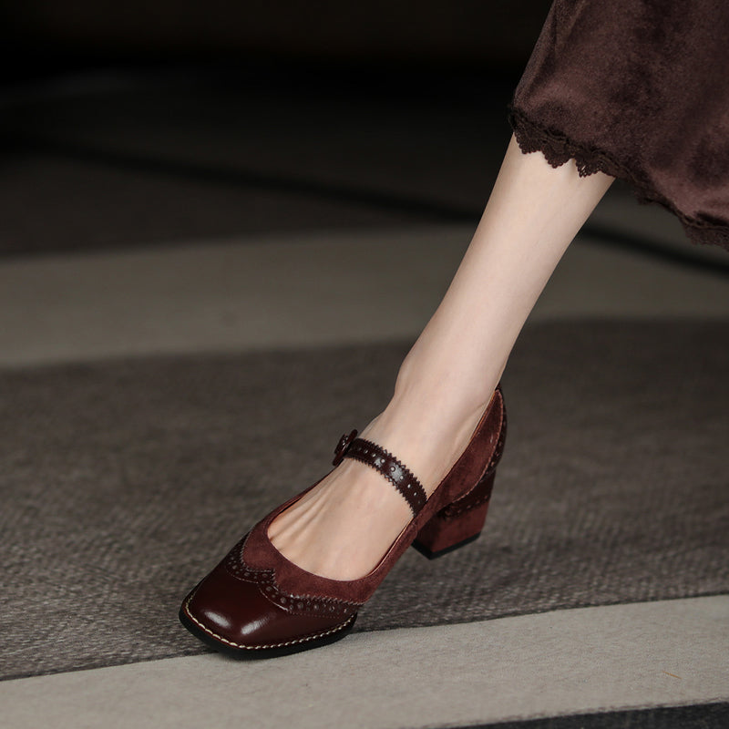 Women's Handmade Leather Square Toe Brogue Mary Jane High Heels
