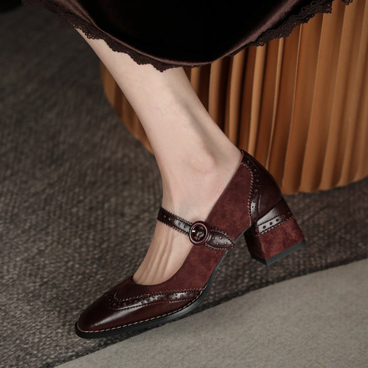 Women's Handmade Leather Square Toe Brogue Mary Jane High Heels