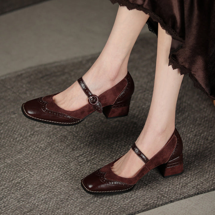 Women's Handmade Leather Square Toe Brogue Mary Jane High Heels