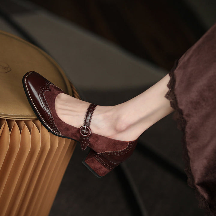 Women's Handmade Leather Square Toe Brogue Mary Jane High Heels