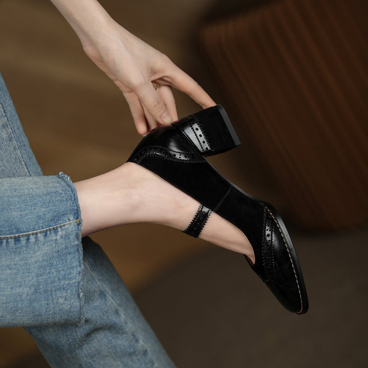 Women's Handmade Leather Square Toe Brogue Mary Jane High Heels