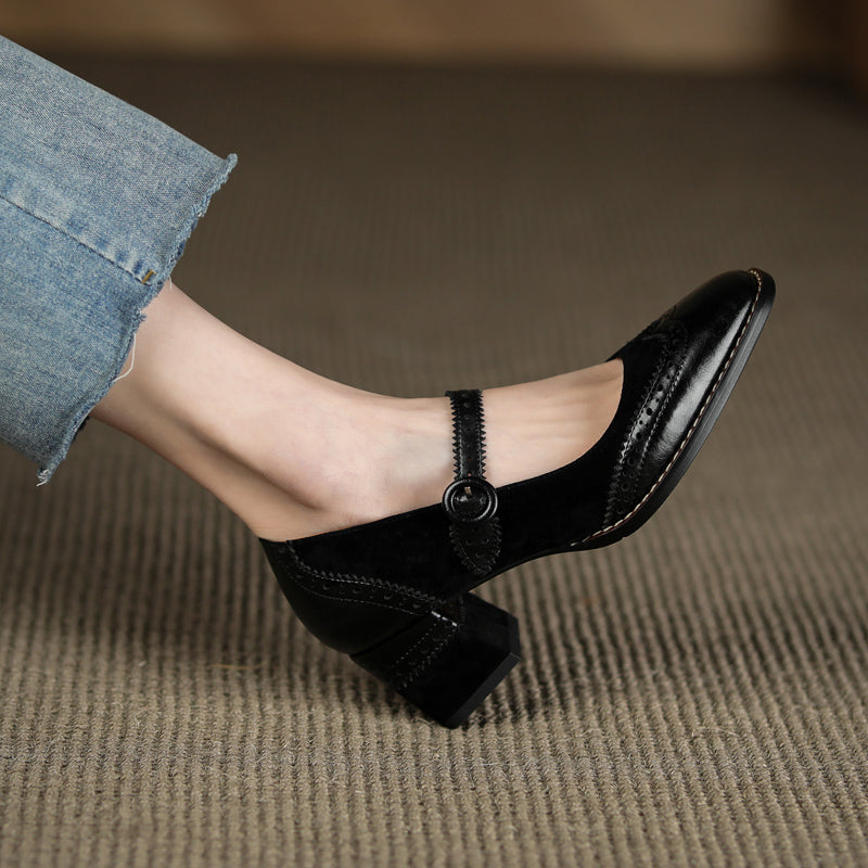 Women's Handmade Leather Square Toe Brogue Mary Jane High Heels