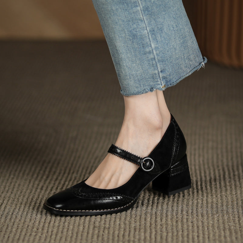 Women's Handmade Leather Square Toe Brogue Mary Jane High Heels