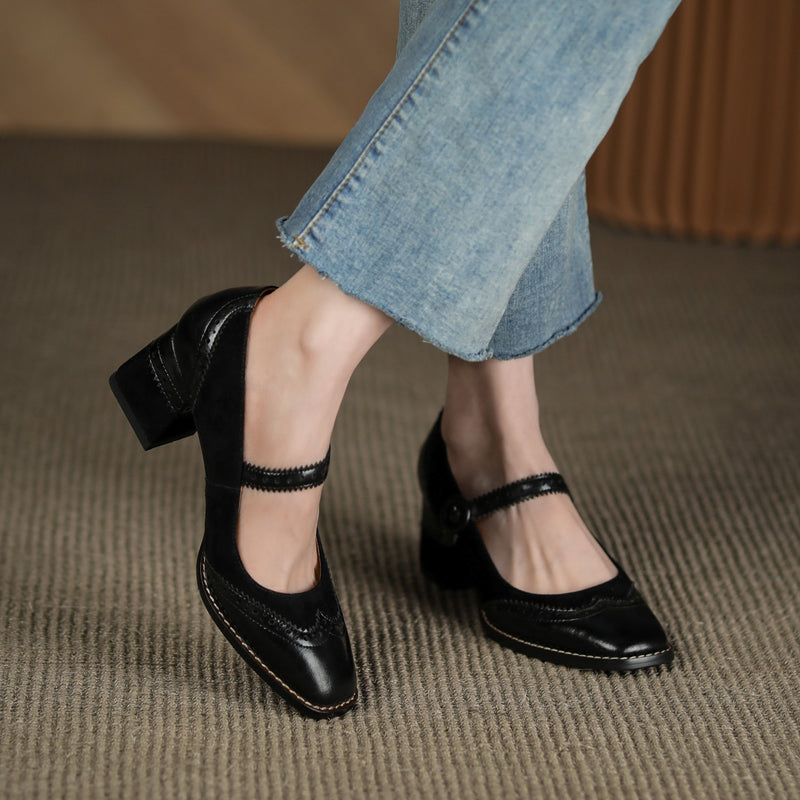 Women's Handmade Leather Square Toe Brogue Mary Jane High Heels