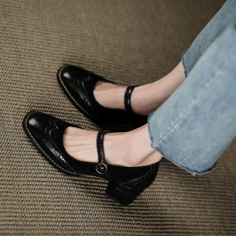 Women's Handmade Leather Square Toe Brogue Mary Jane High Heels