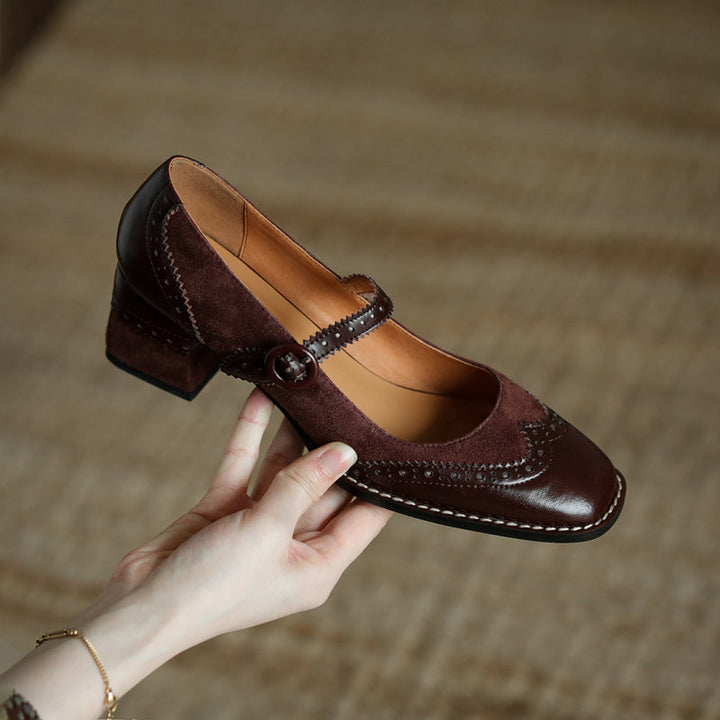 Women's Handmade Leather Square Toe Brogue Mary Jane High Heels