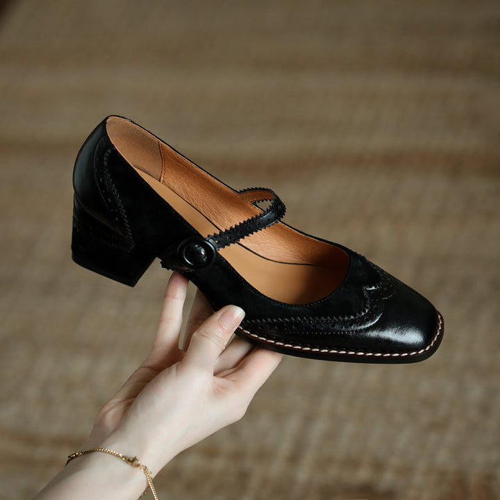 Women's Handmade Leather Square Toe Brogue Mary Jane High Heels