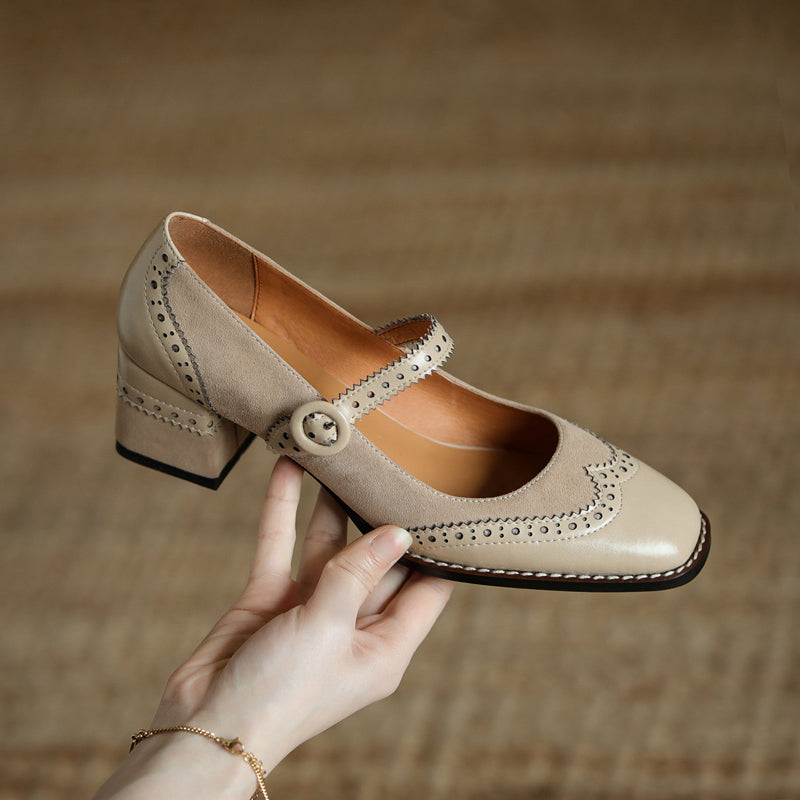 Women's Handmade Leather Square Toe Brogue Mary Jane High Heels