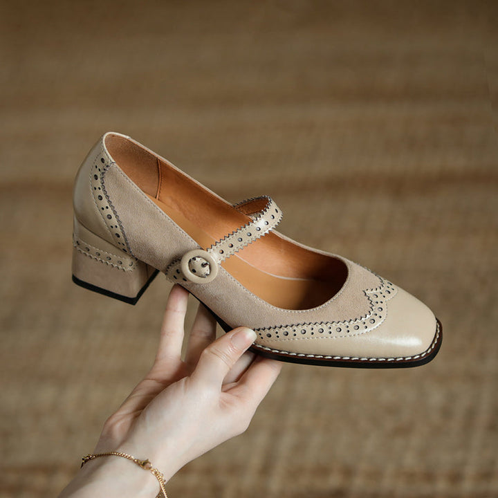 Women's Handmade Leather Square Toe Brogue Mary Jane High Heels