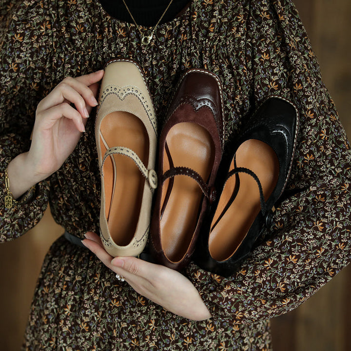 Women's Handmade Leather Square Toe Brogue Mary Jane High Heels