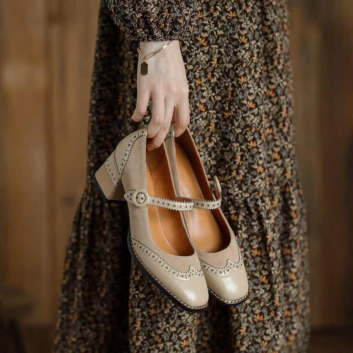 Women's Handmade Leather Square Toe Brogue Mary Jane High Heels