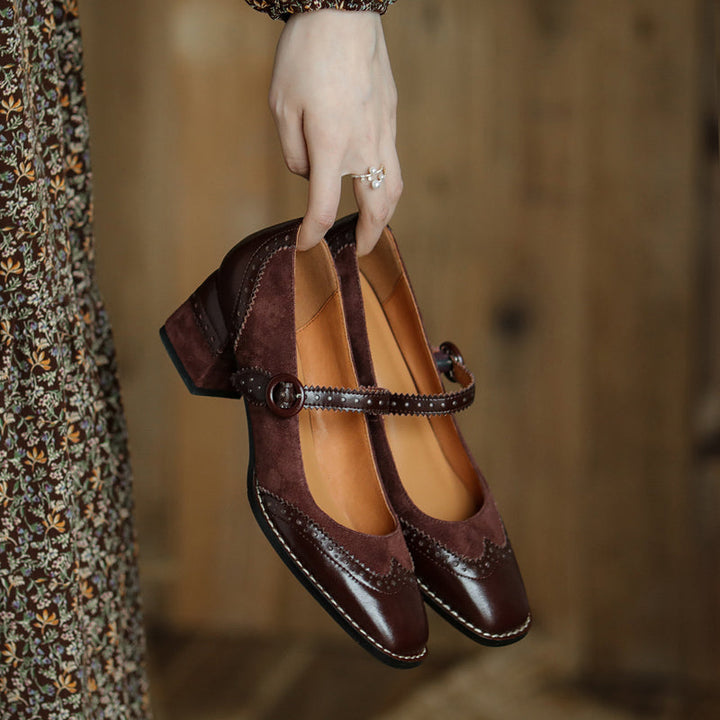 Women's Handmade Leather Square Toe Brogue Mary Jane High Heels