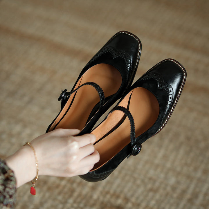 Women's Handmade Leather Square Toe Brogue Mary Jane High Heels