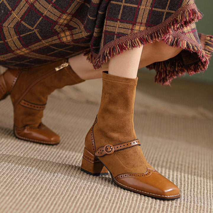 Women's Retro Horsehide Ankle Boots Vintage Square Toe Brogue Buckle Zipper Sock Booties