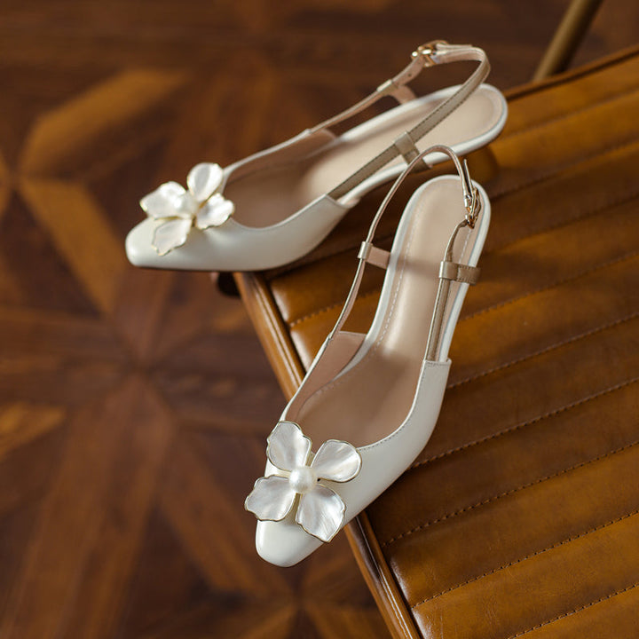 Women's Elegant Leather Flower Decoration Slim Heel Slingback Sandals