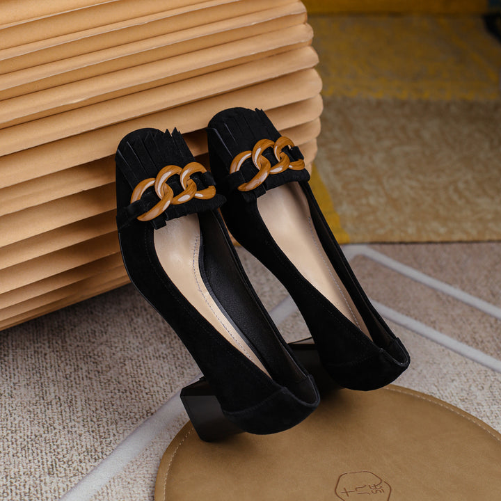 Elegant Women's Suede Leather Pumps – Mid Block Heel with Tassel & Chain