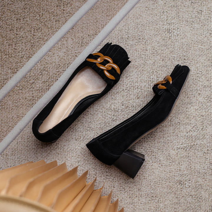 Elegant Women's Suede Leather Pumps – Mid Block Heel with Tassel & Chain