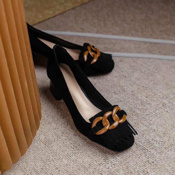 Elegant Women's Suede Leather Pumps – Mid Block Heel with Tassel & Chain