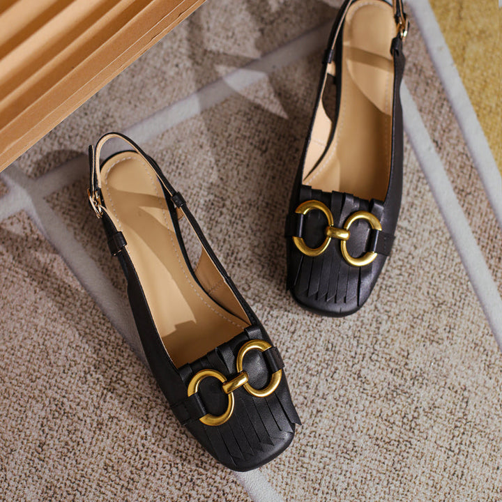 Women's Handmade Leather Tassel Metal Buckle Closed Toe Slingback Sandals