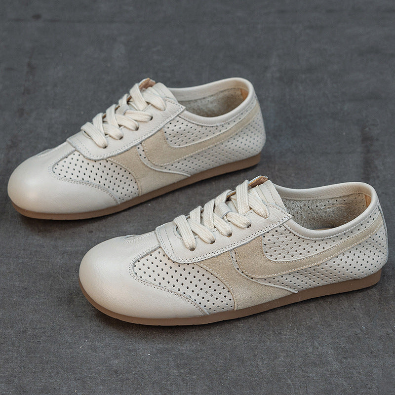 Women's Leather Perforated Sneakers Lace Up Breathable Flat Walking Shoes