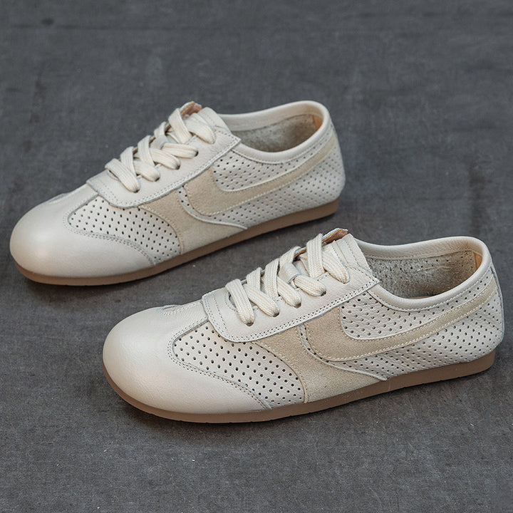 Women's Leather Perforated Sneakers Lace Up Breathable Flat Walking Shoes