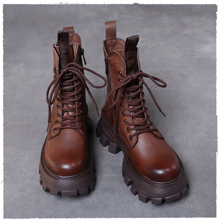 Women's Chunky Sole Combat Boots – Genuine Leather Lace-Up Ankle Boots