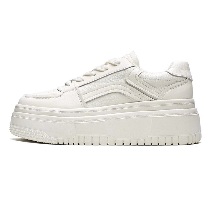 Women's Leather Thick Sole White Lace Up Casual Tennis Shoes
