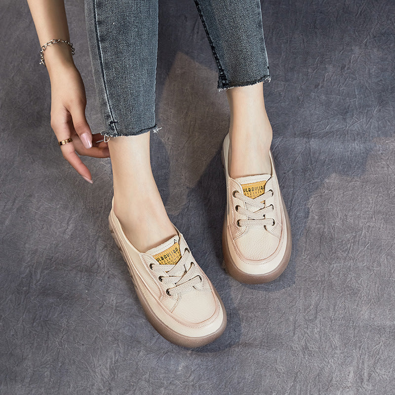 Women's Leather Casual Sneakers - Slip-On Round Toe Loafers Elastic Lace Walking Shoes