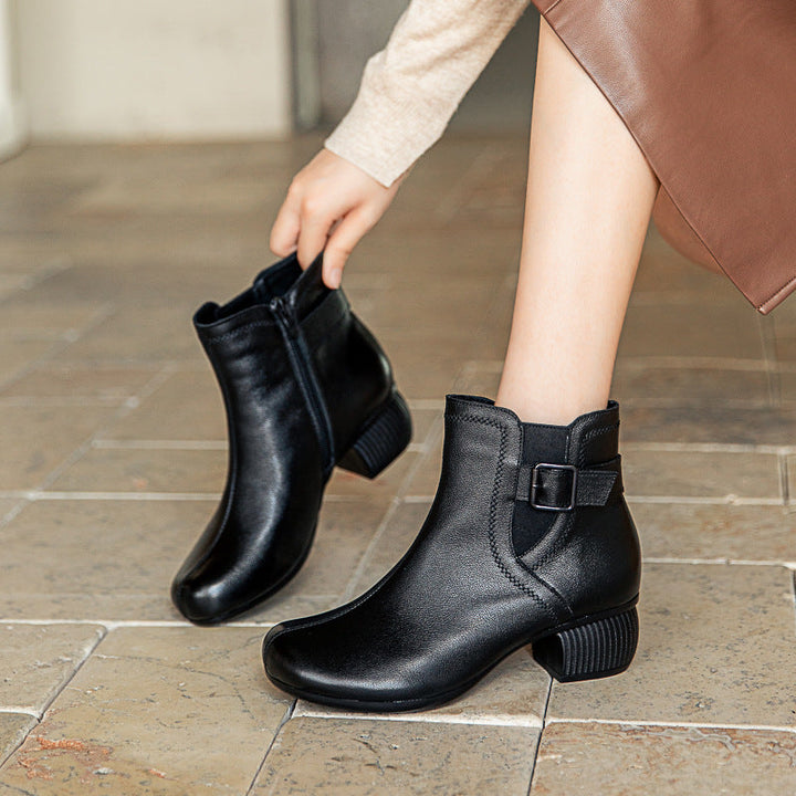Women’s Leather Retro Ankle Boots – Mid Block Heel Buckle Detail Shoes