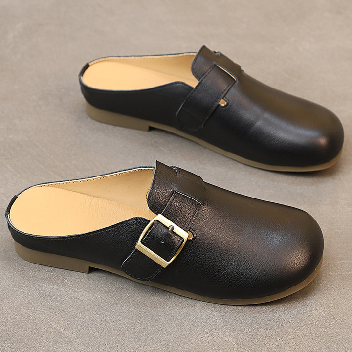 Women's Genuine Leather Buckle Mules Round Toe Backless Slip On Slides