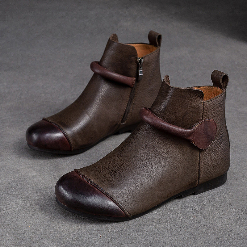 Women's Retro Leather Ankle Boots Vintage Round Toe Velcro Short Booties