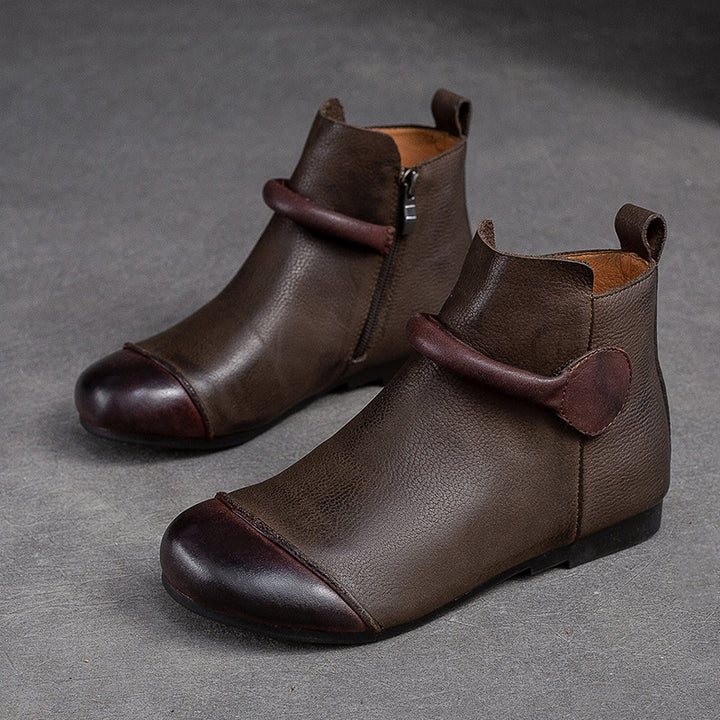 Women's Retro Leather Ankle Boots Vintage Round Toe Velcro Short Booties