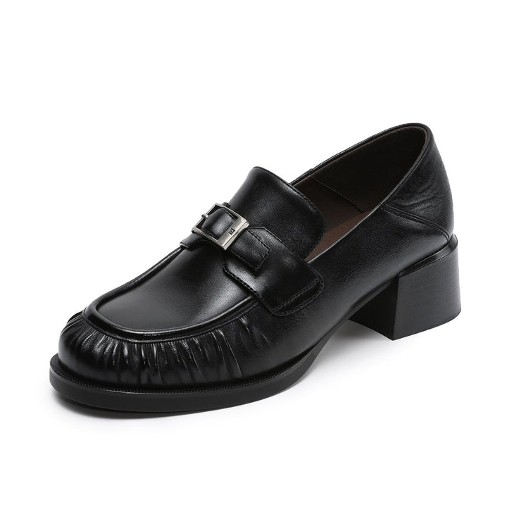 Women’s Sheepskin Leather Loafers – British Style Block Heel Mid Heel Shoes