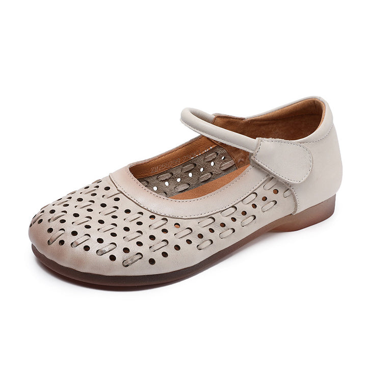 Women's Leather Mary Jane Sandals - Vintage Perforated Cut-Out Closed Round Toe Flat Shoes with Velcro