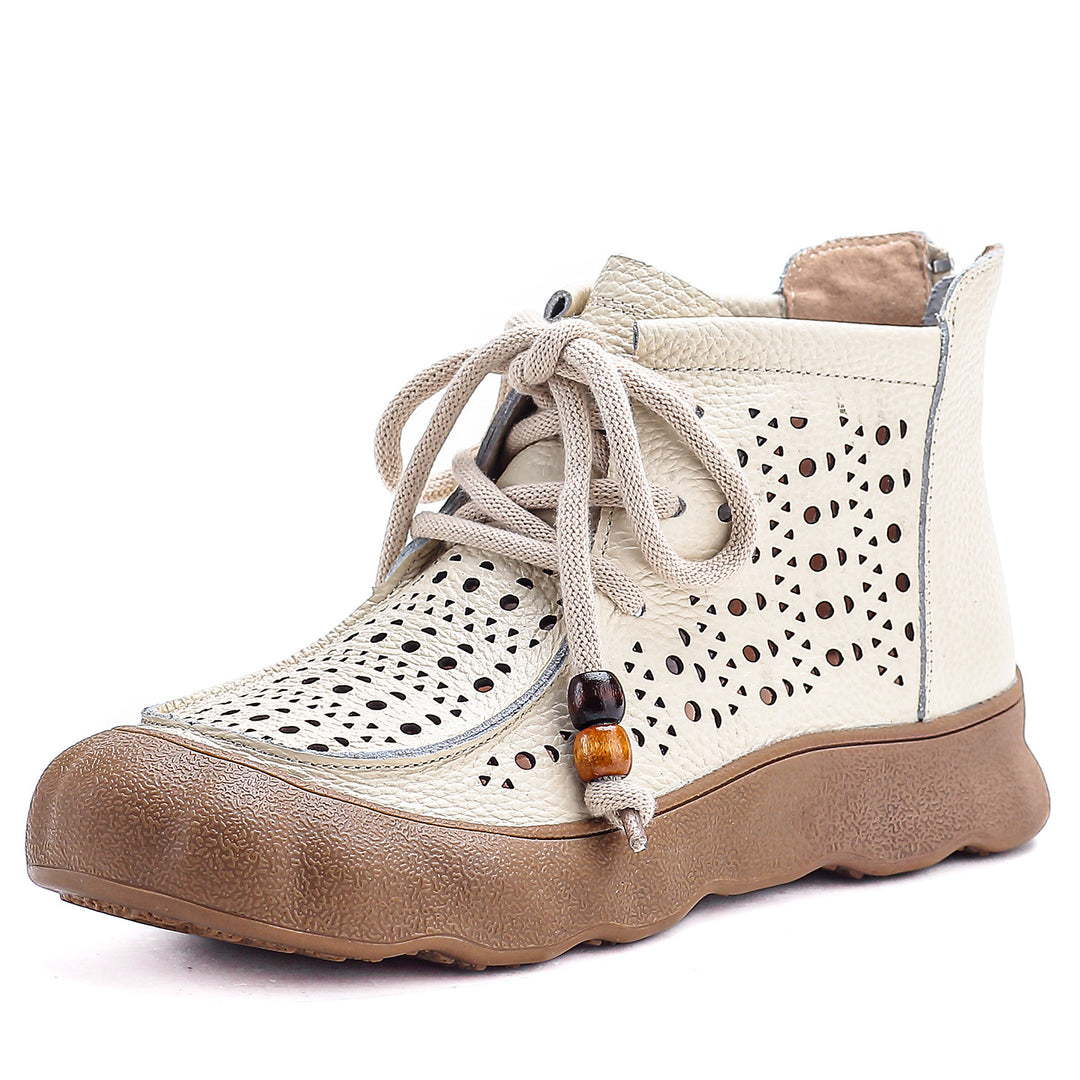 Women's Leather Ankle Sandals Boots Retro Lace-Up Vintage Hollow-Out Casual Summer Flats