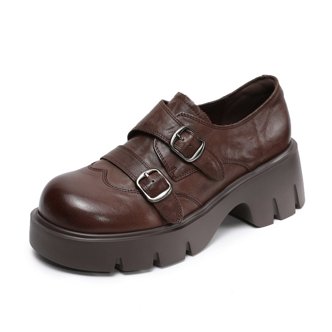 Women’s Retro Round Toe Derby Shoes – British Style Platform Loafers with Buckle