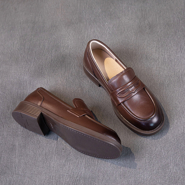 Comfortable Leather Penny Loafers for Women - Classic Round Toe Slip-On Shoes