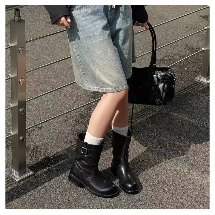 Women's Horsehide Mid Calf Engineer Boots Vintage Buckle Slip On Chunky Heel Booties